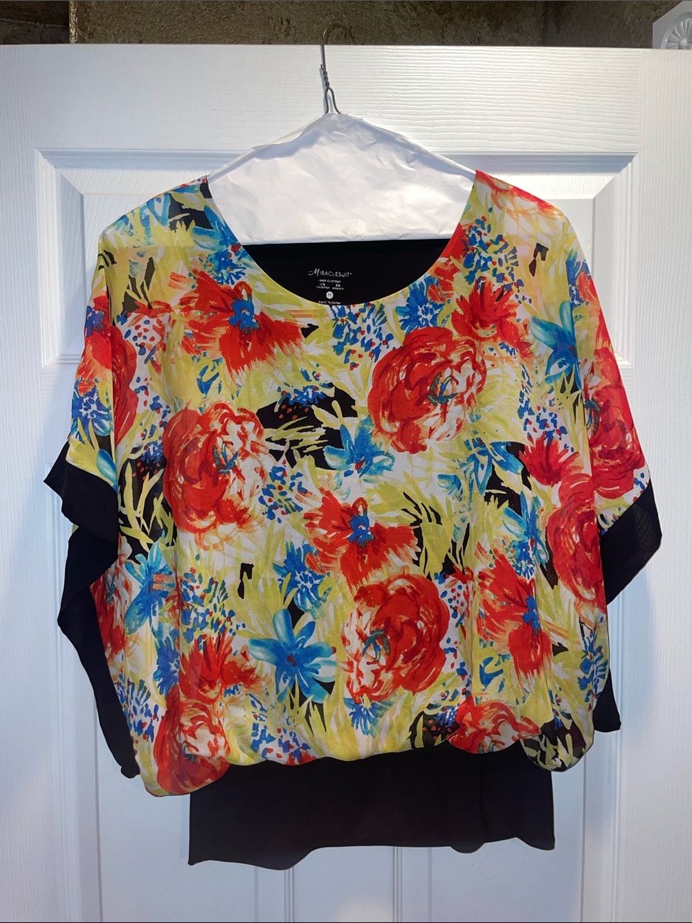 Alfani Yellow Floral Blouson Top with Red and Blue Blooms